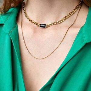 Gold Plated Stainless Steel 2pc Layered Chain Necklace with Black Gemstone